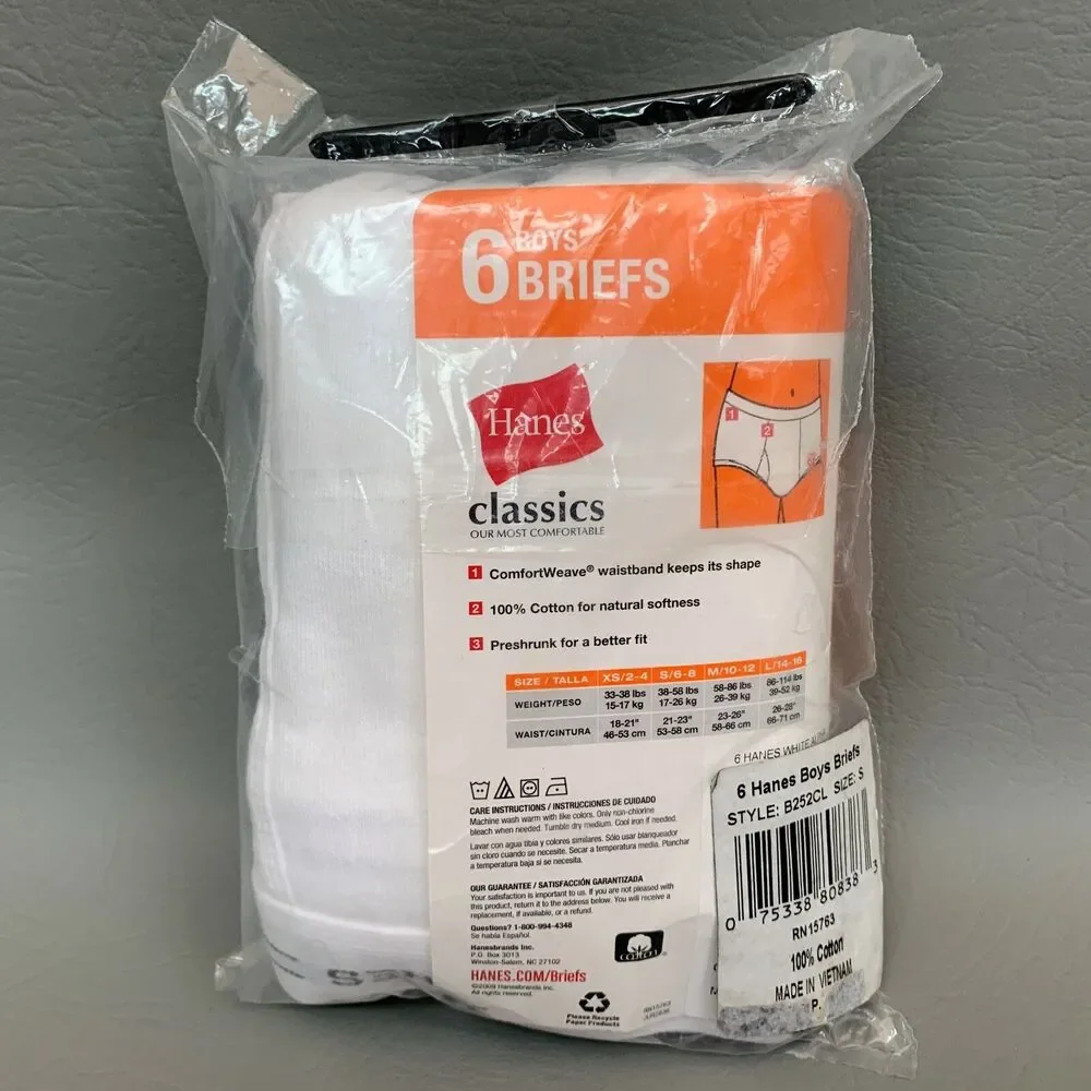 Hanes Classics Boys Briefs B252C‎ Small 6 White 100% Cotton Lot of 6